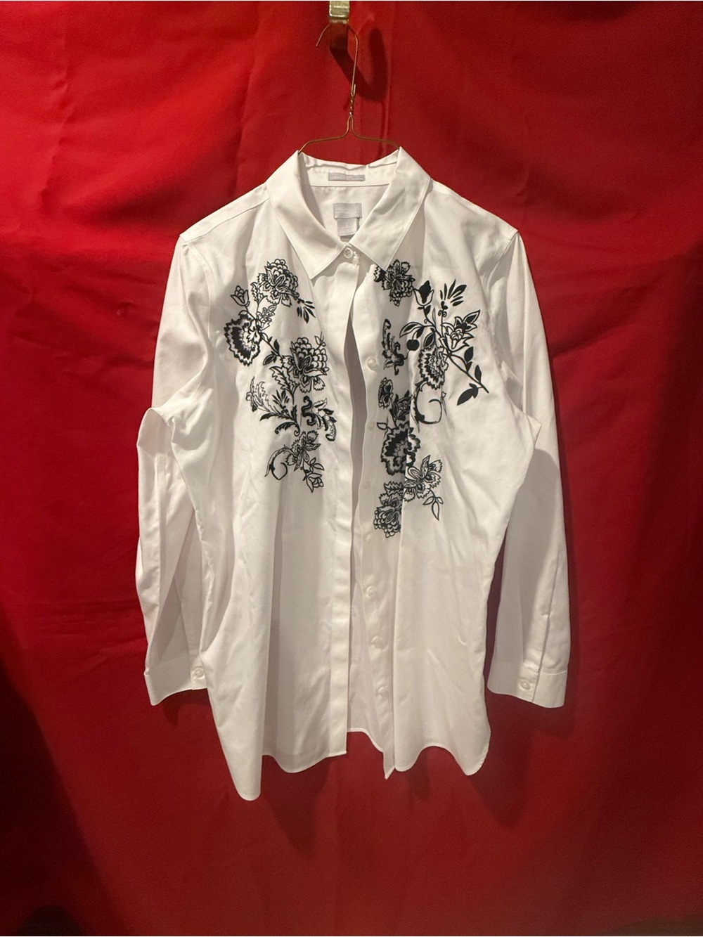 Chico's White Button-Up Blouse with Black Floral Embroidery